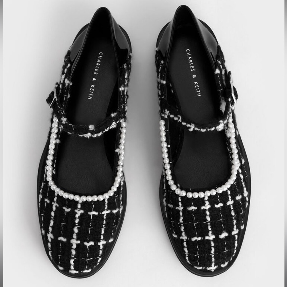Charles&Keith Patent & Tweed Beaded Mary Janes US7